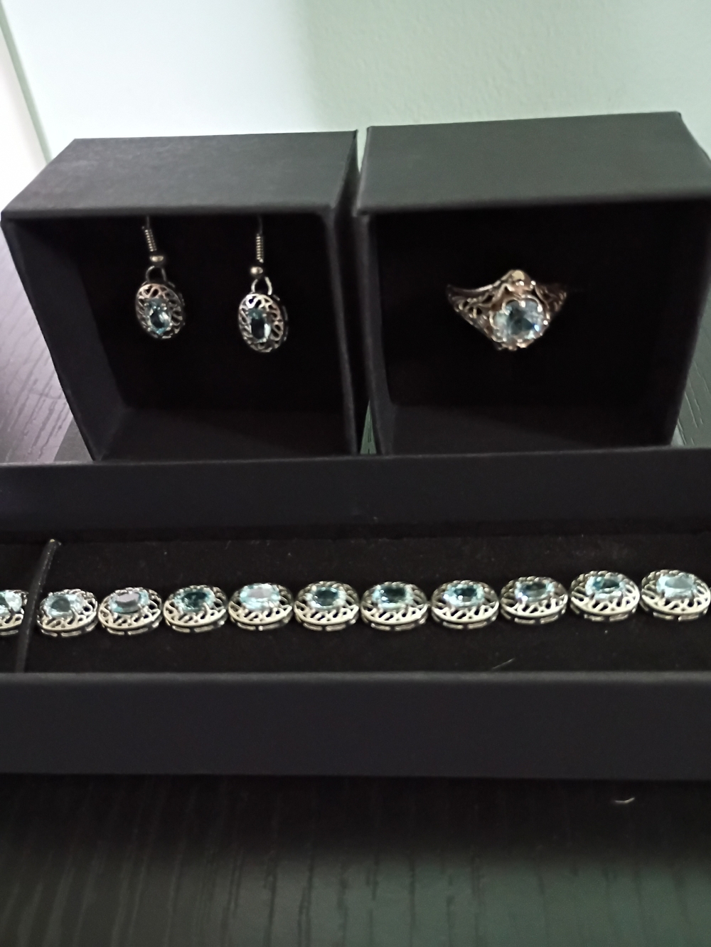 Vtg Womans SKY BLUE TOPAZ Bracelet Earrings Ring Ornate Filigree 925 16g Must C!